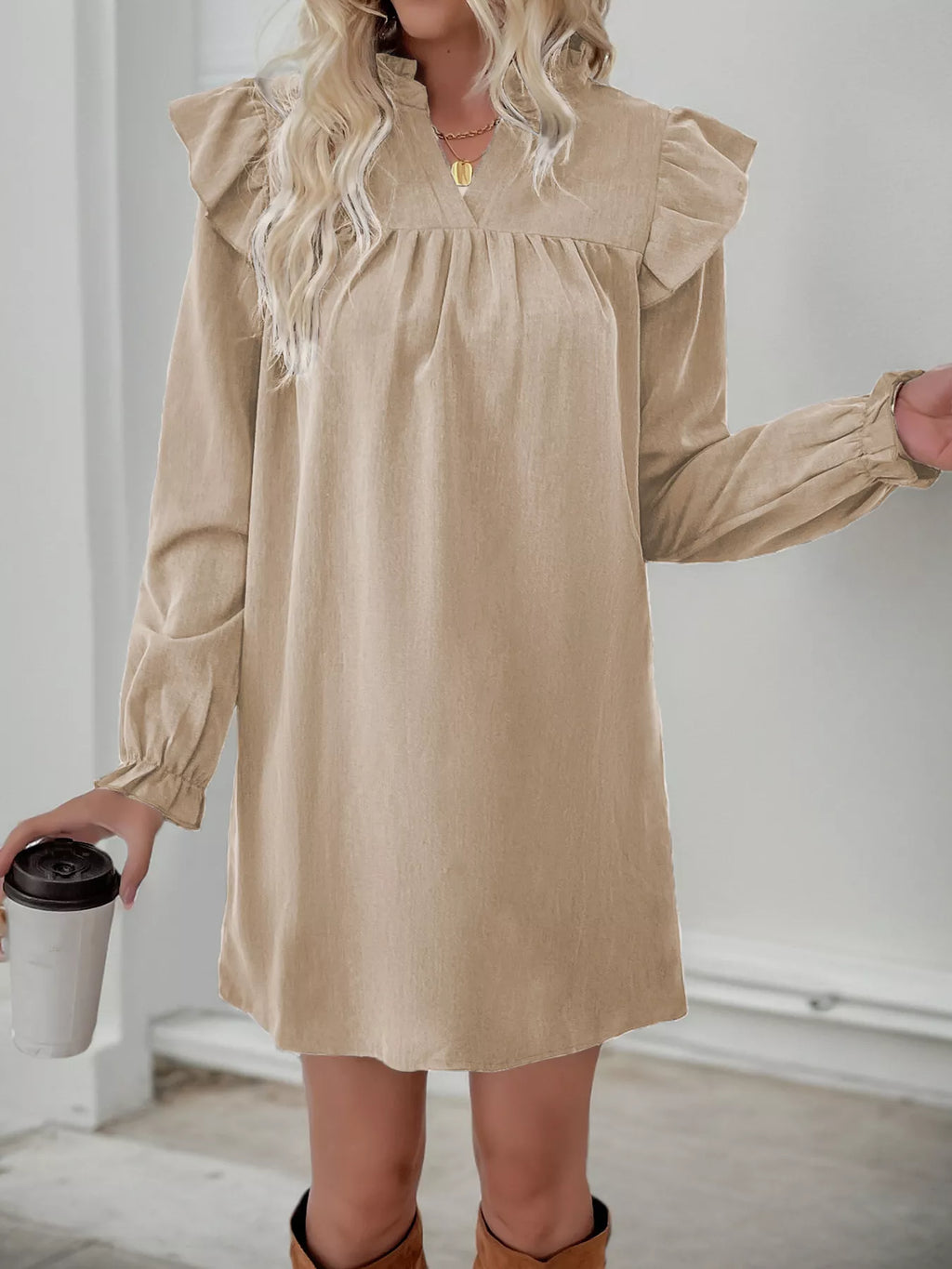 Ruffled Notched Long Sleeve Dress (5)