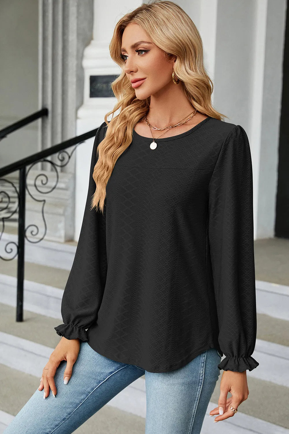 Round Neck Flounce Sleeve T-shirt (3)