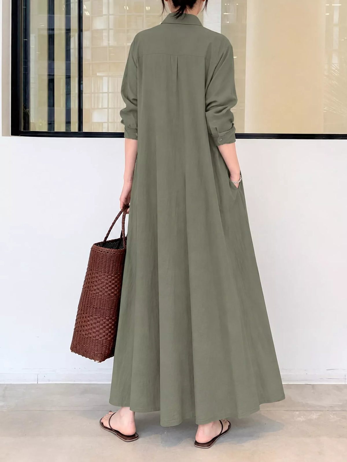 Full Size Button Front Long Sleeve Maxi Shirt Dress Plus (50)