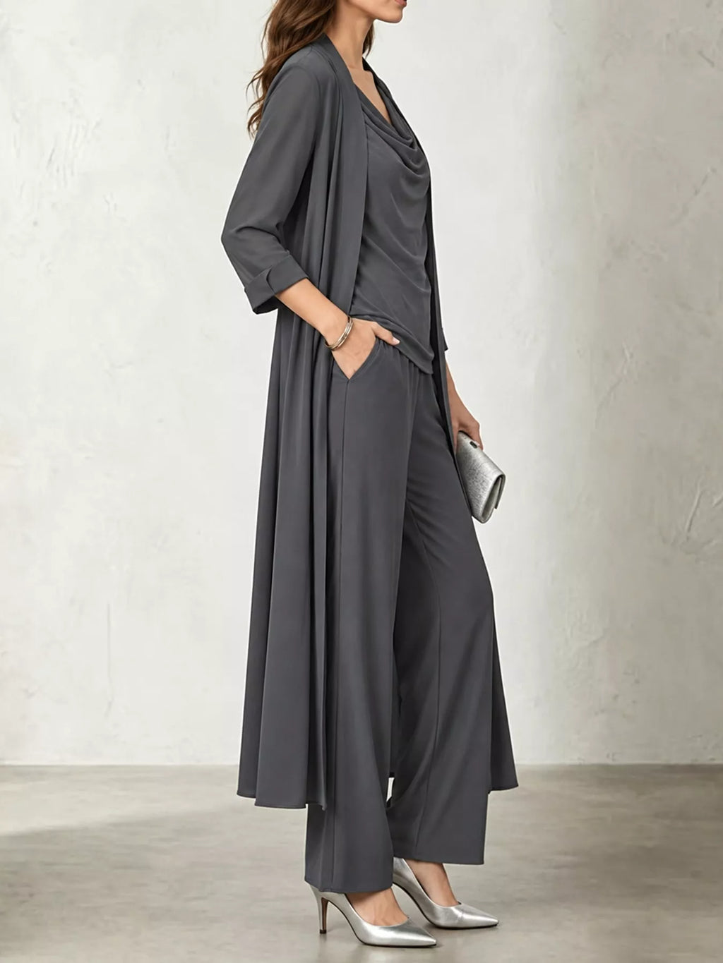Full Size Cowl Neck Top Cardigan Pants Set Plus (21)