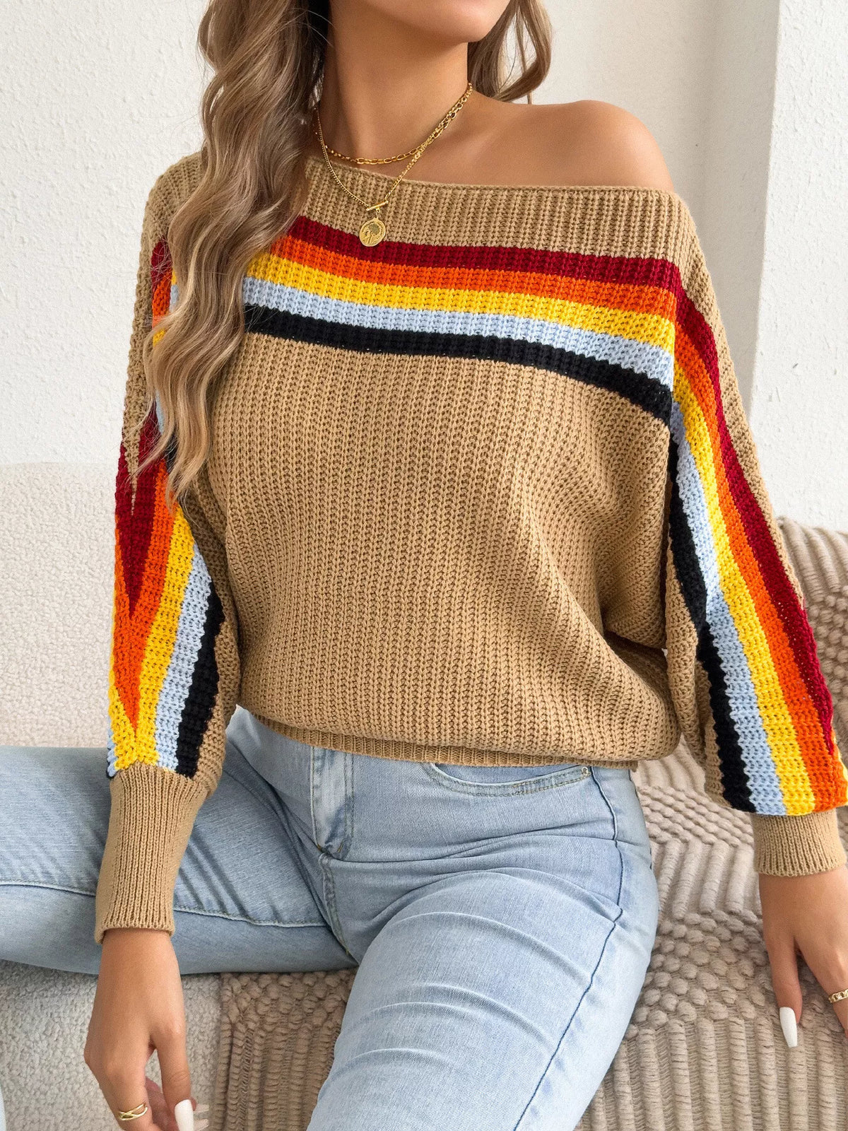 Striped Knit Boat Neck Sweater (10)