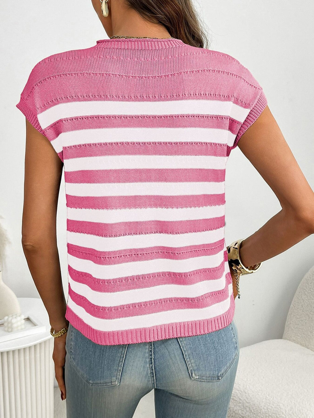 Striped Knit Pocket Detail Cap Sleeve Sweater (20)