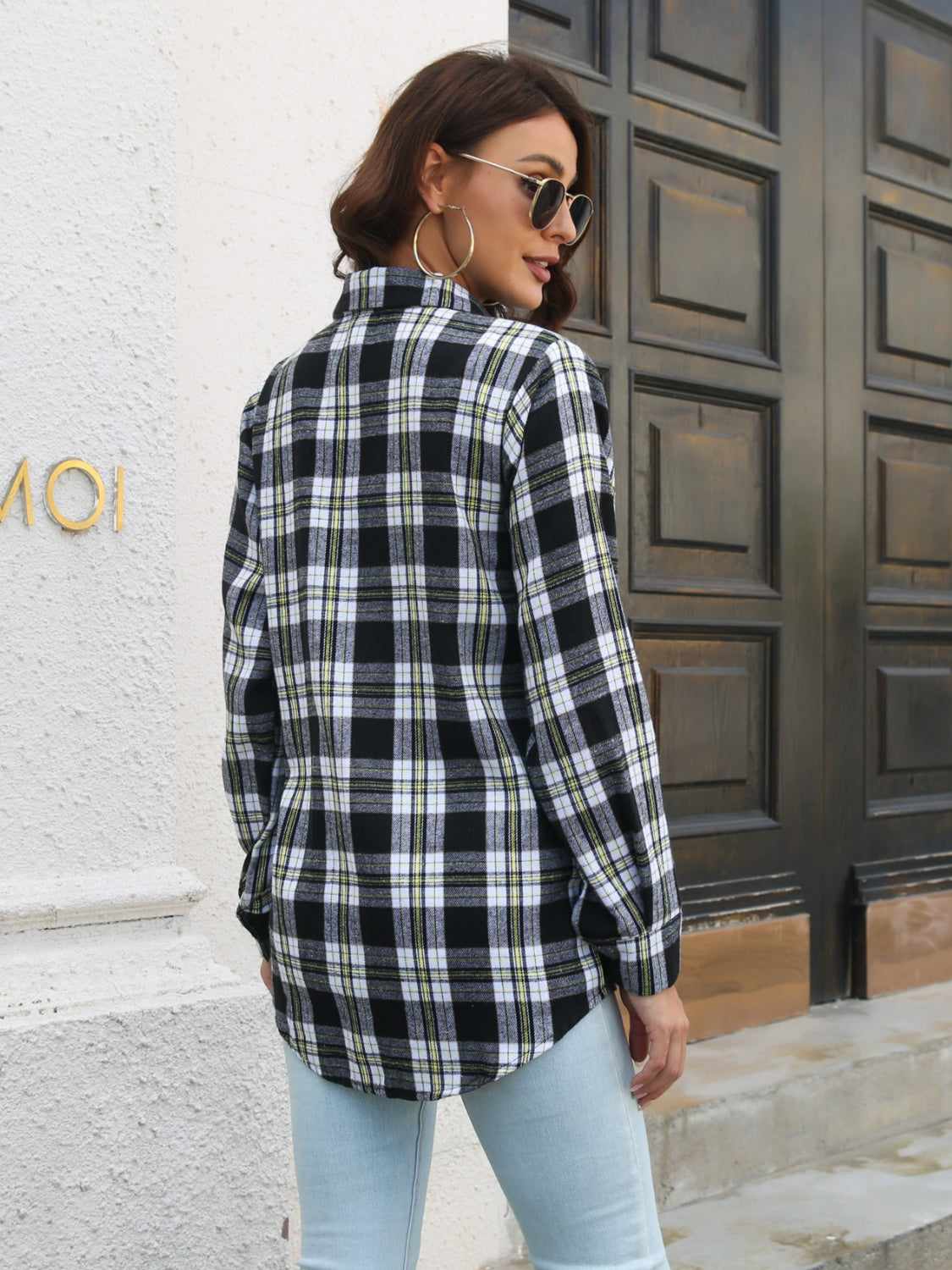 Plaid Collared Neck Buttoned Shirt Pockets (2)