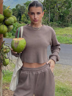 Waffle-knit Round Neck Top Pants Set (20)