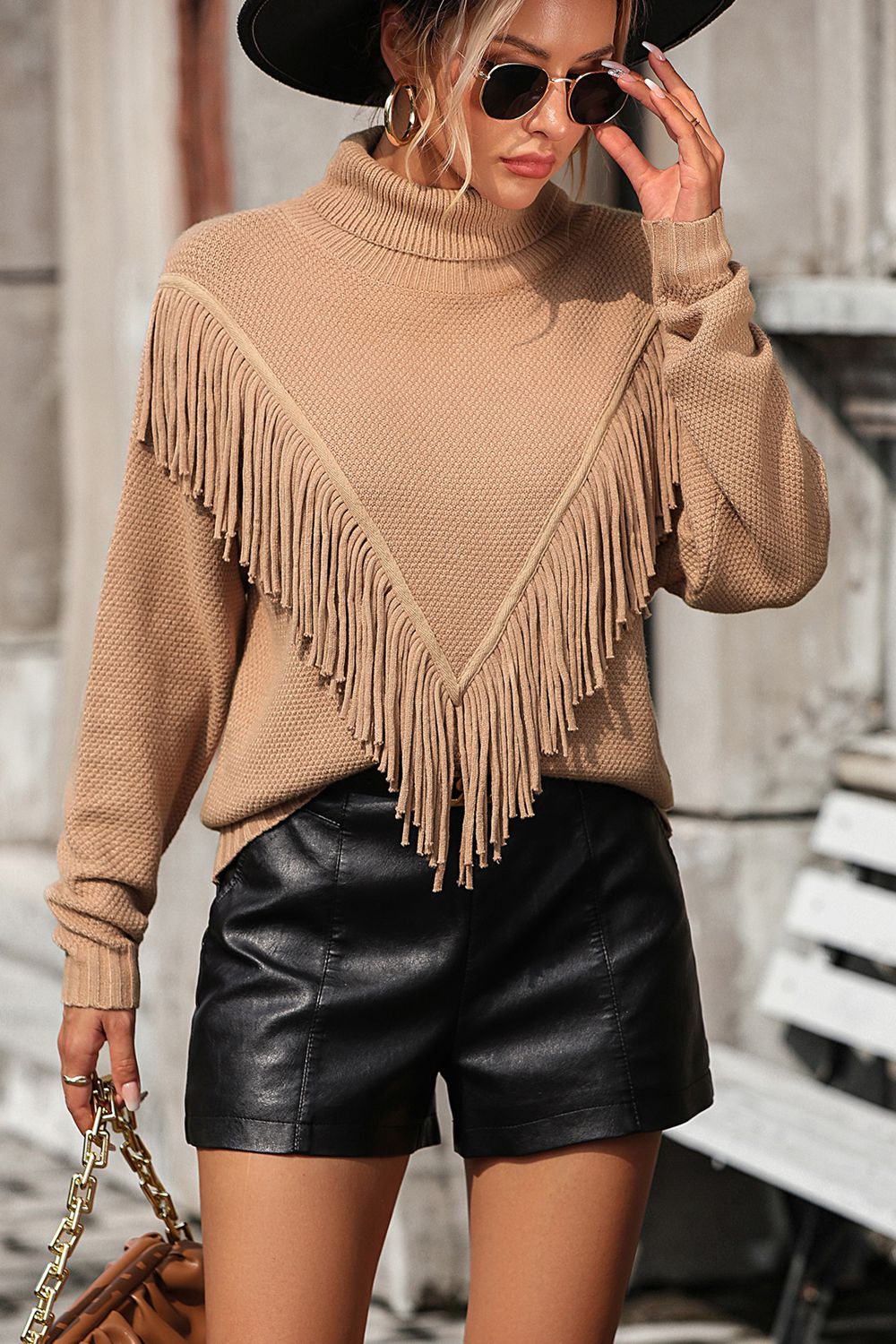 Turtle Neck Tassel Front Long Sleeve Pullover Sweater (11)