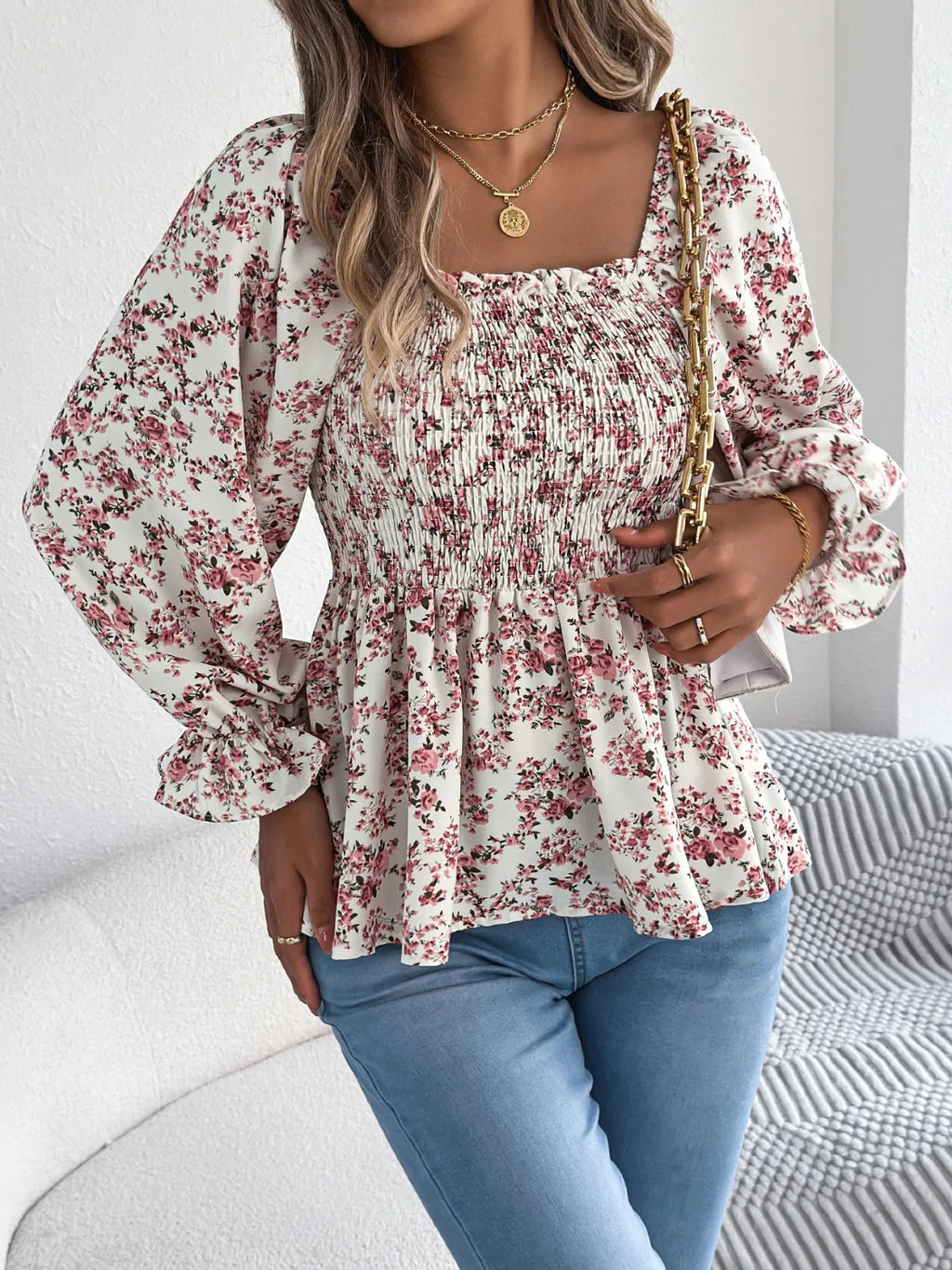 Floral Square Neck Flounce Sleeve Blouse (15)
