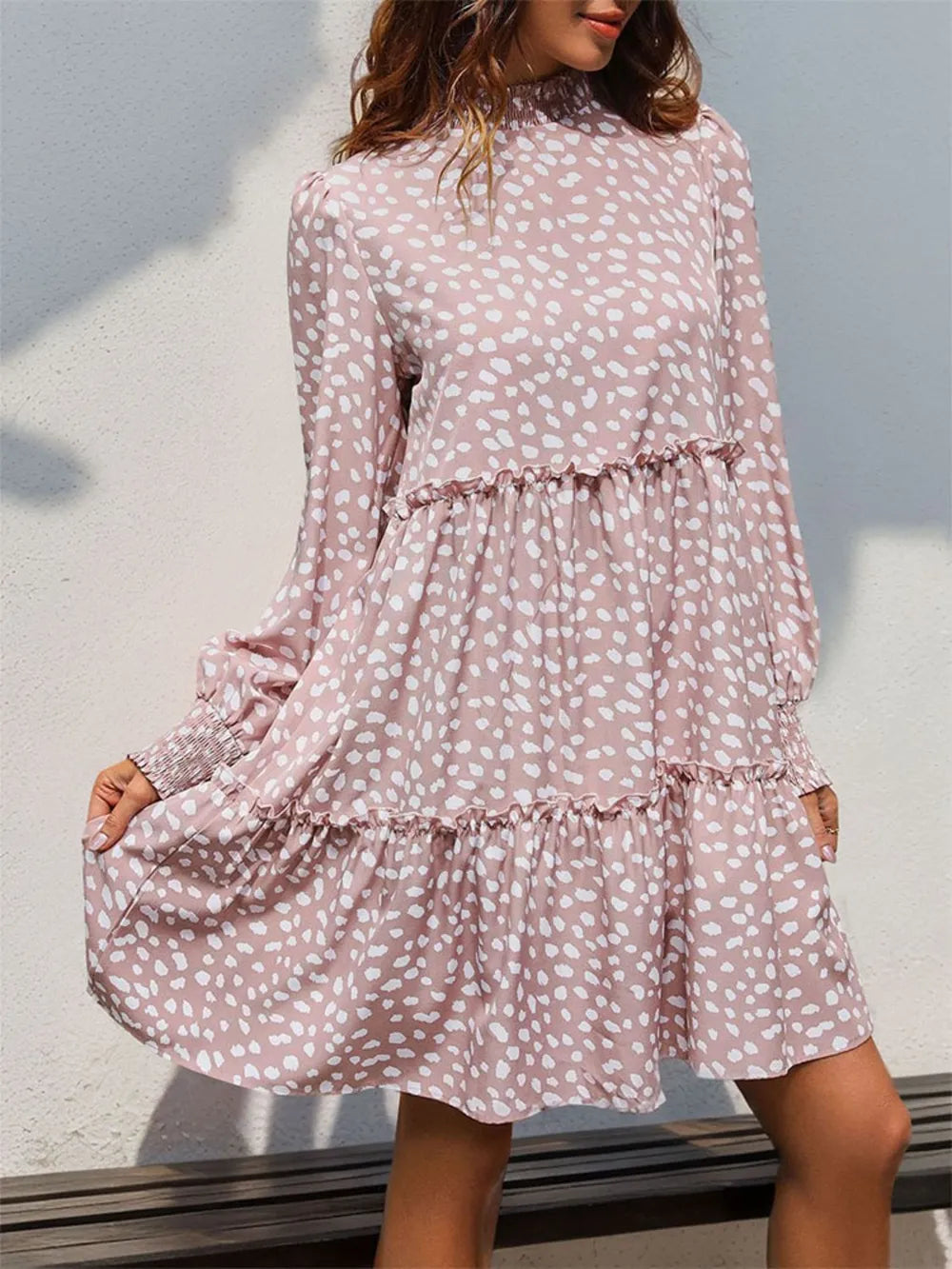 Frill Printed Mock Neck Long Sleeve Mini Dress (4)