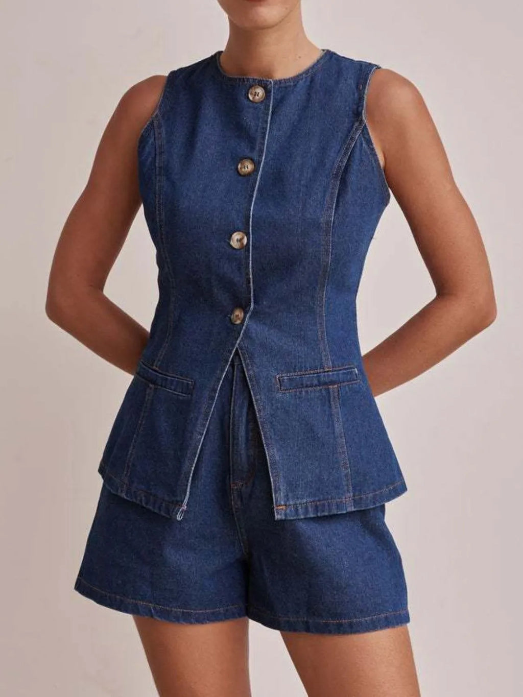 Button Down Vest Shorts Denim Set (3)