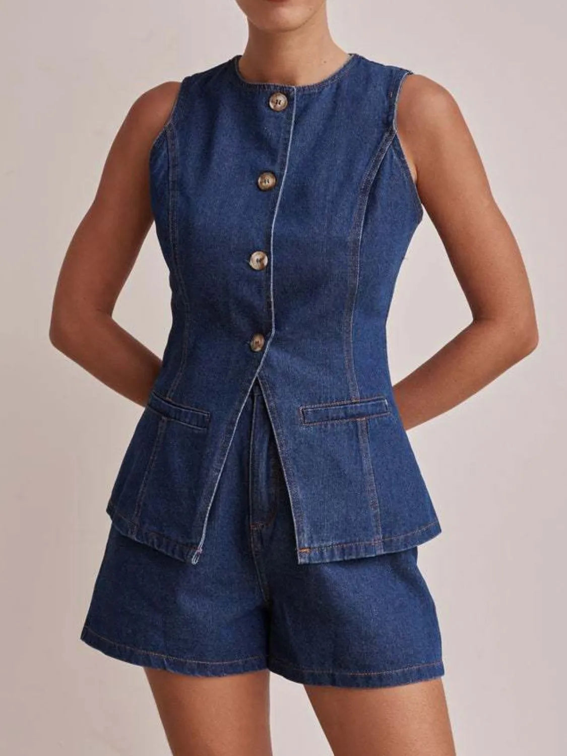 Button Down Vest Shorts Denim Set (3)