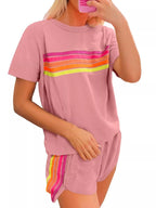 Rainbow Striped Round Neck Top Shorts Set (17)