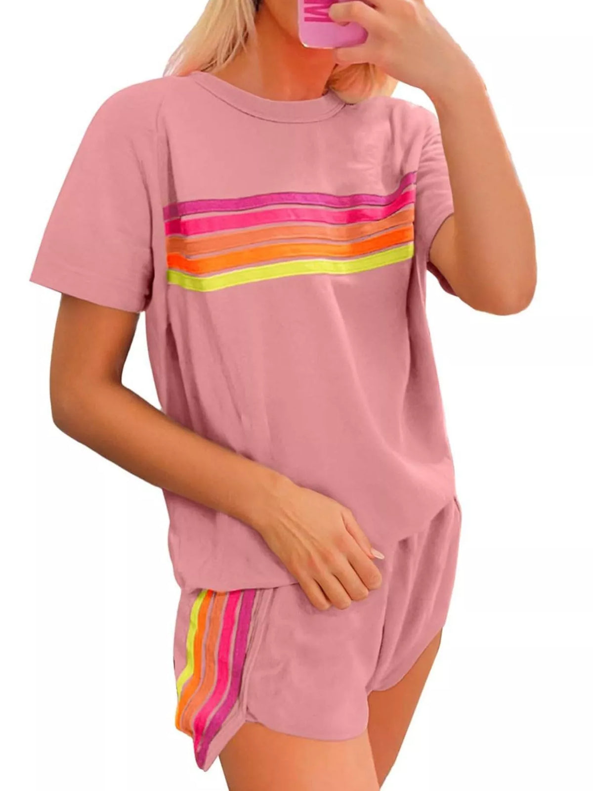 Rainbow Striped Round Neck Top Shorts Set (17)