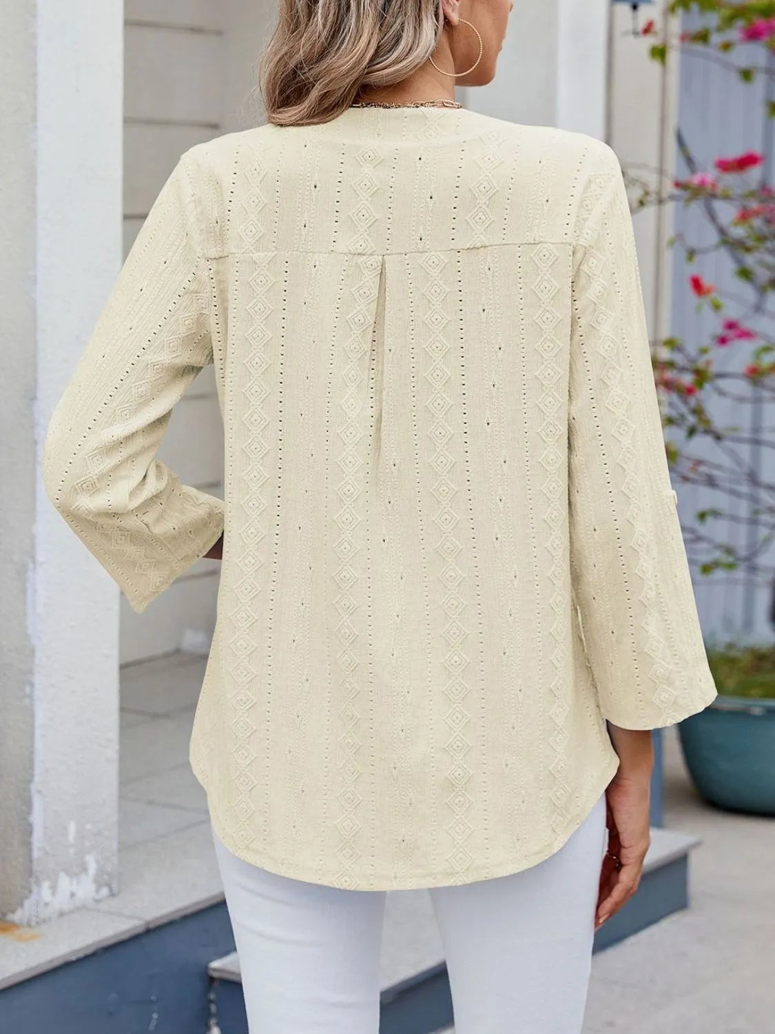 Eyelet Notched Roll-tab Sleeve Top (31)