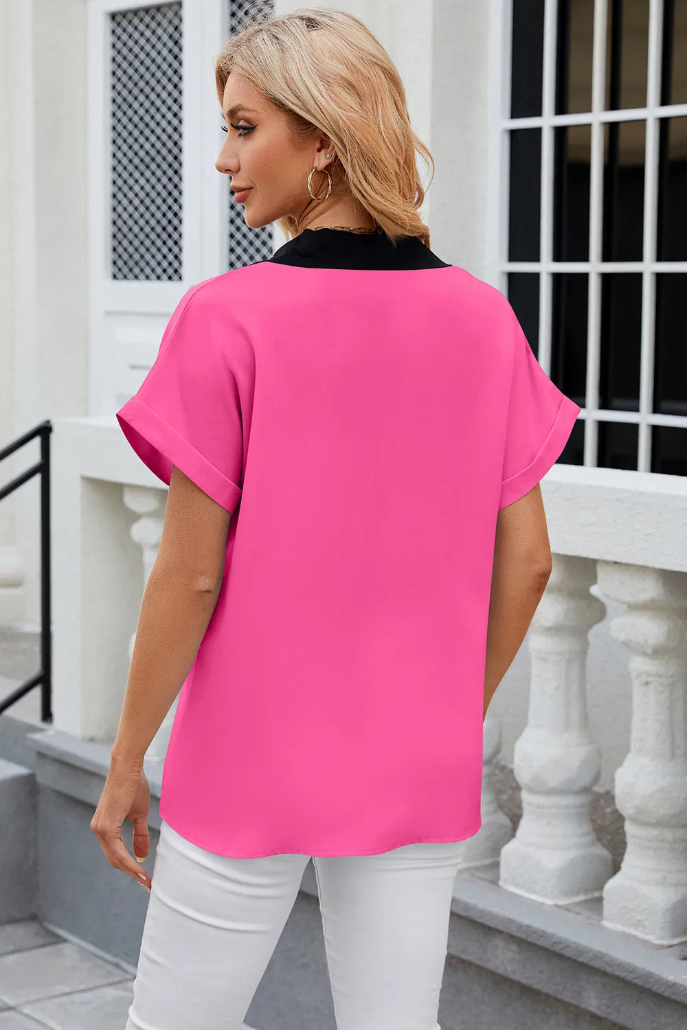 Contrast Johnny Collar Short Sleeve Blouse (16)