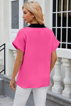 Contrast Johnny Collar Short Sleeve Blouse (16)