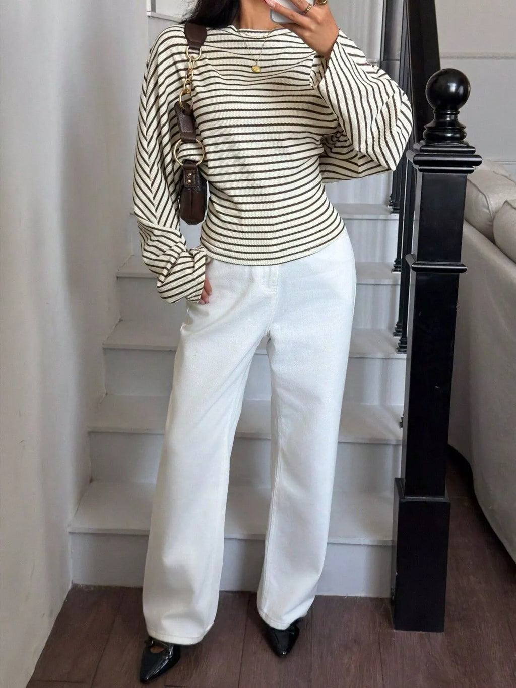 Casual Striped Batwing Sleeve T-shirt (5)