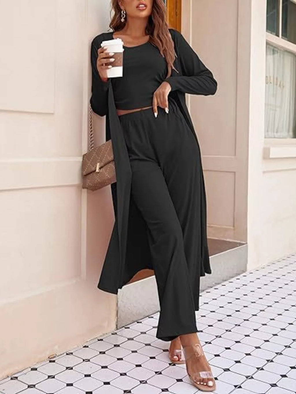 Round Neck Tank Cardigan Pants Set