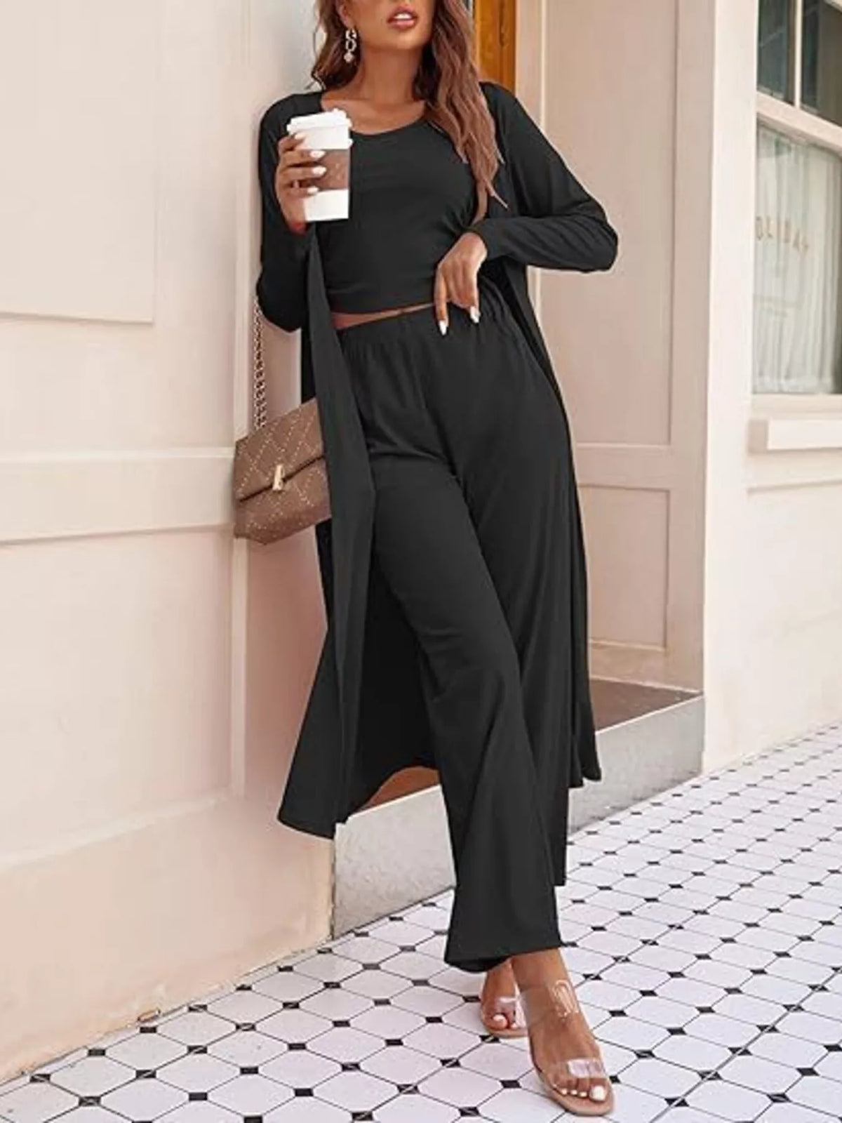 Round Neck Tank Cardigan Pants Set