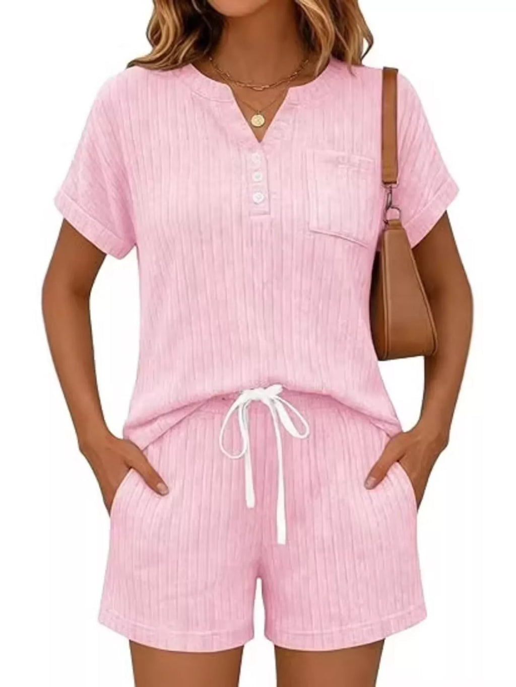 Casual Ribbed Knit Tee Shorts Set (27)