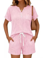 Casual Ribbed Knit Tee Shorts Set (27)