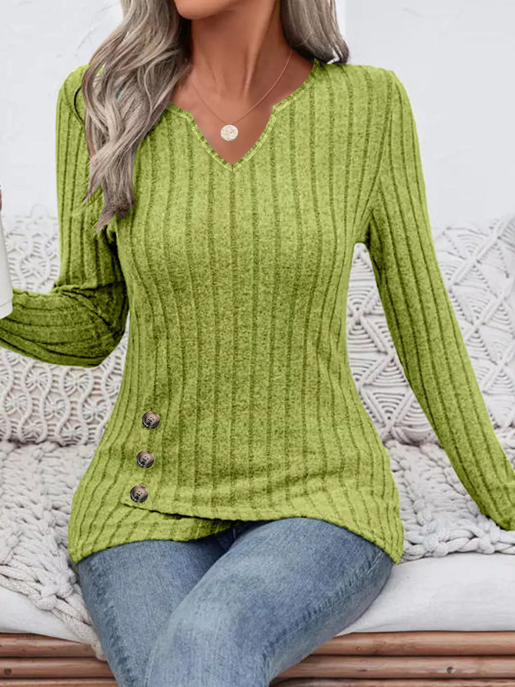 Ribbed Knit Notched Long Sleeve Top (3)