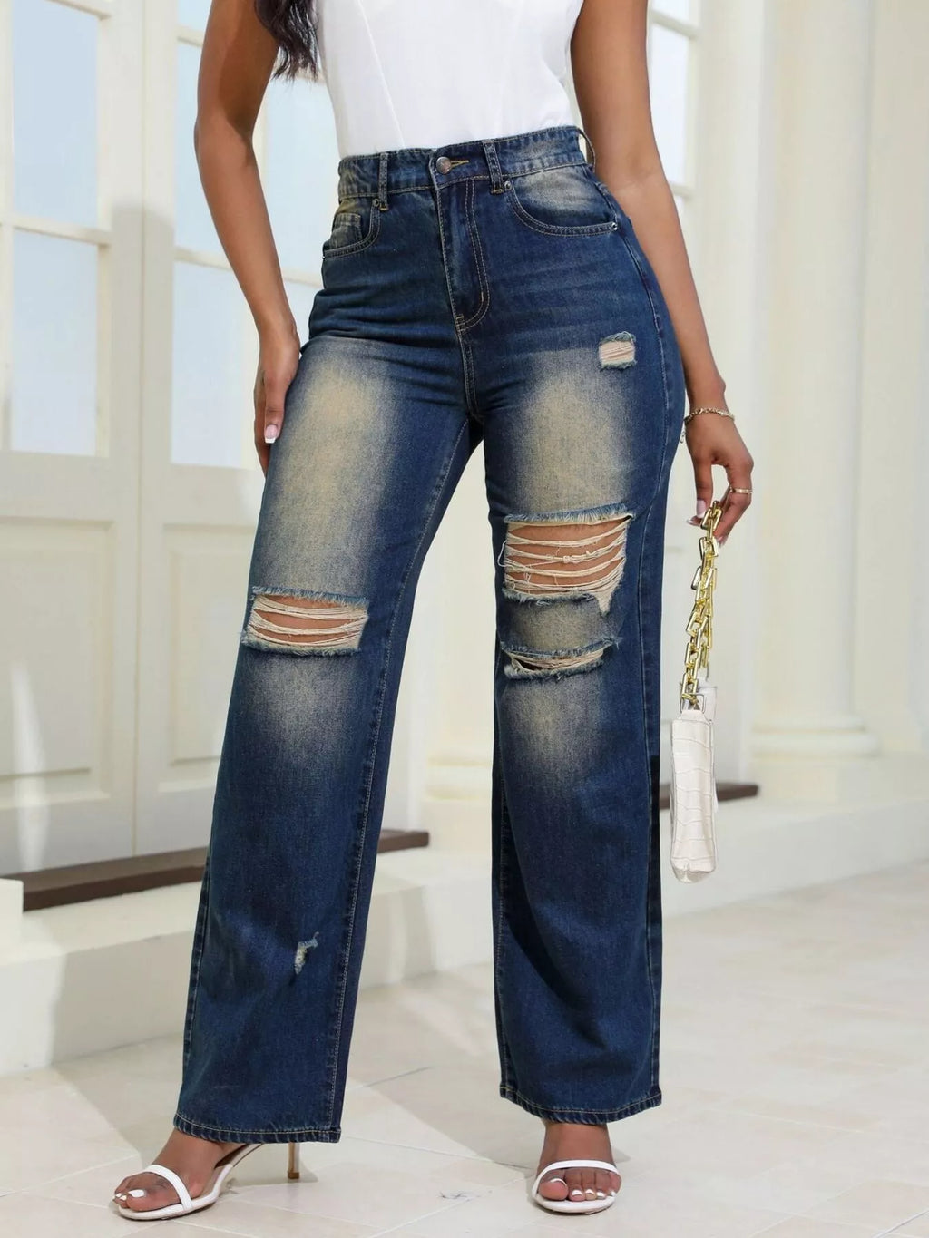 High-waisted Distressed Wide-leg Jeans