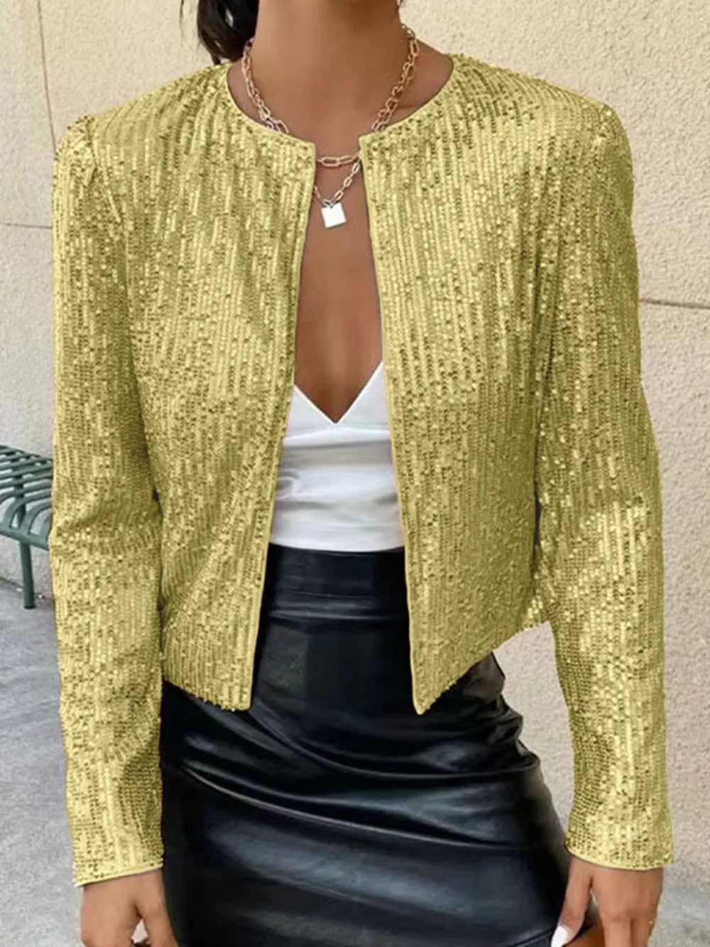 Full Size Sequin Open Front Cropped Jacket (29)
