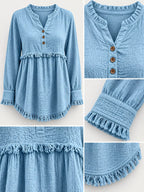 Full Size Frayed Hem Button Detail Blouse Plus (30)