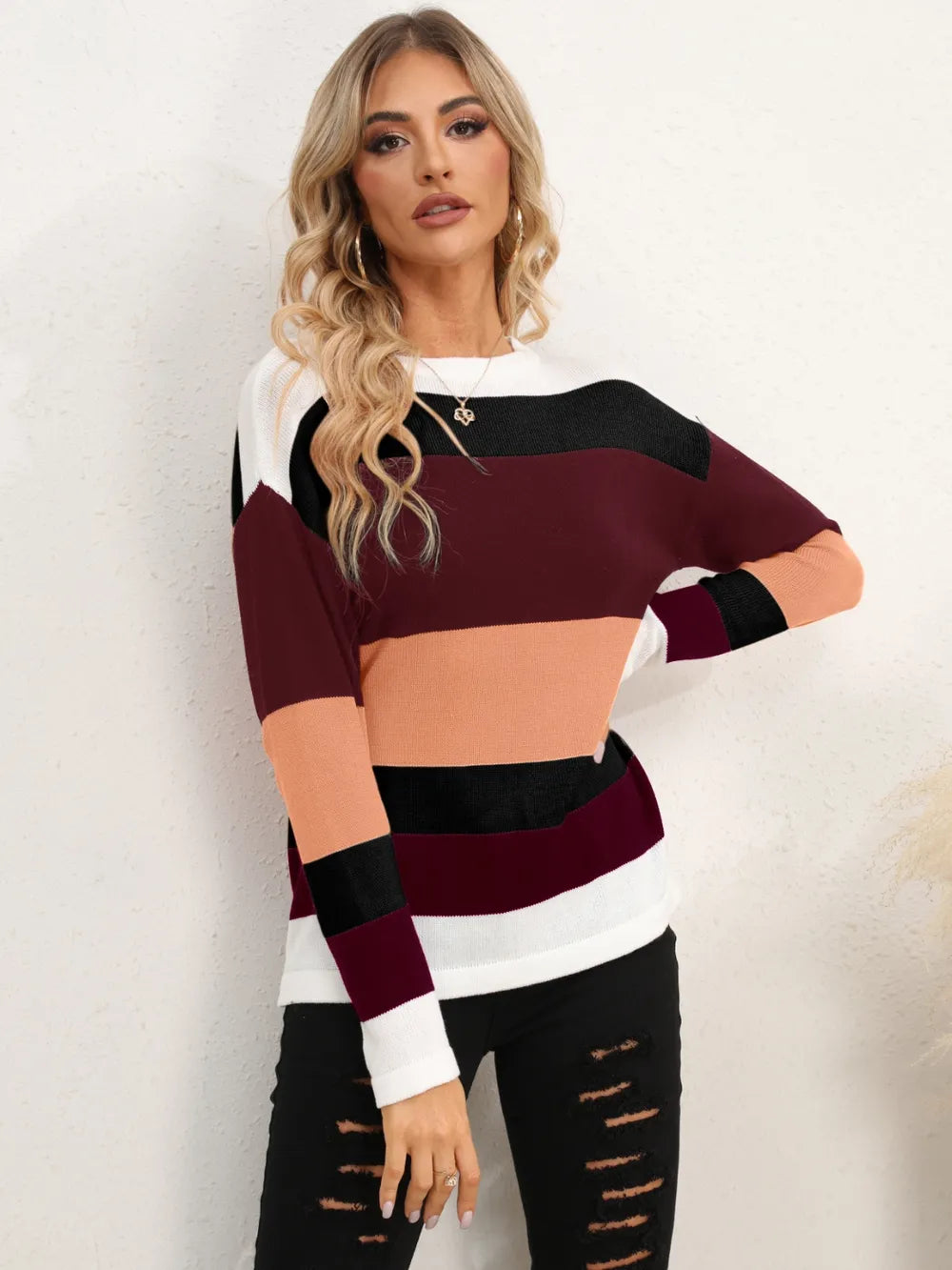 Striped Round Neck Dropped Shoulder Sweater (23)