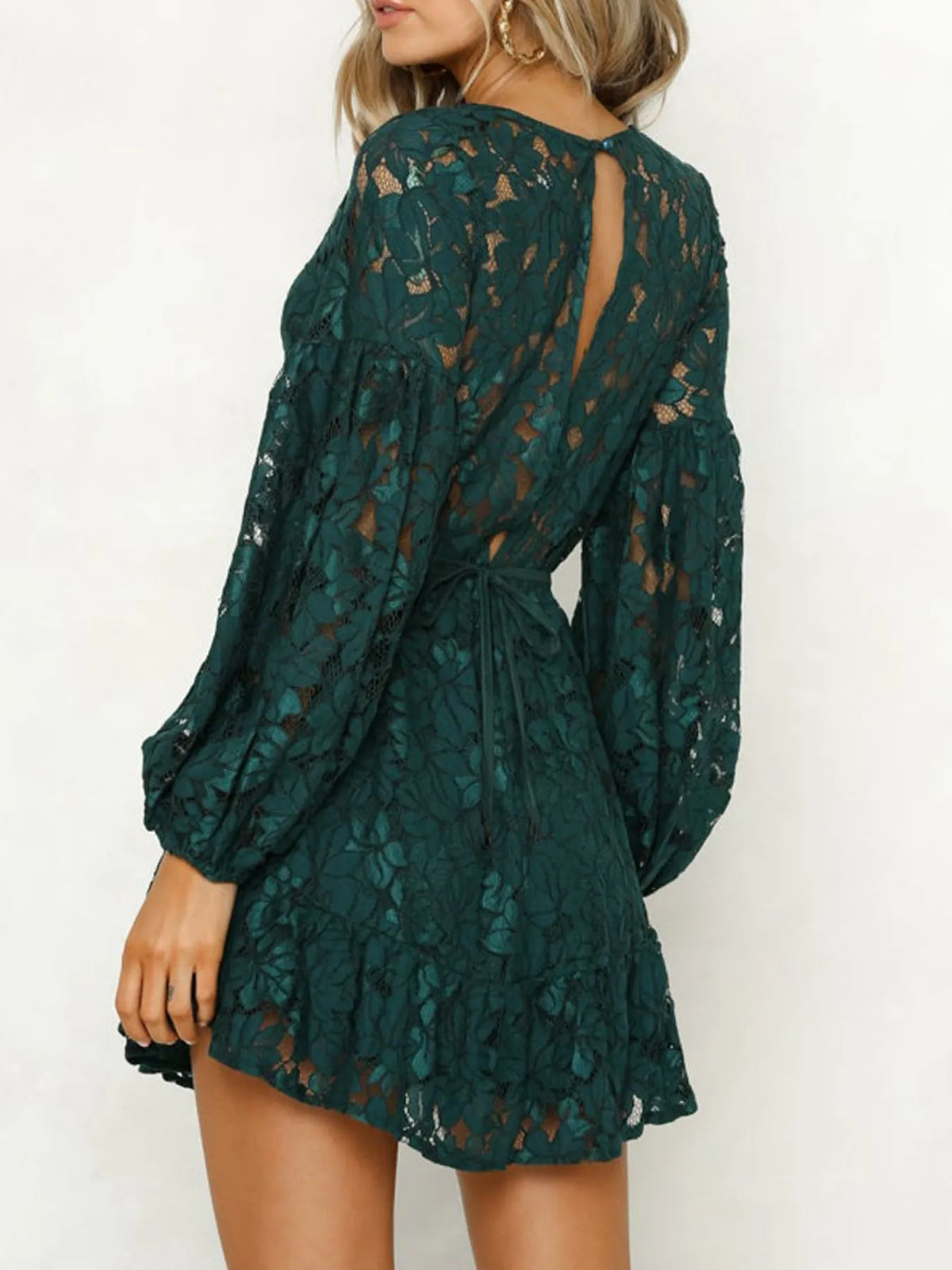 Lace V-neck Long Sleeve Mini Dress (3)