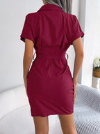 Button Down Ruched Tie Belt Dress (2)