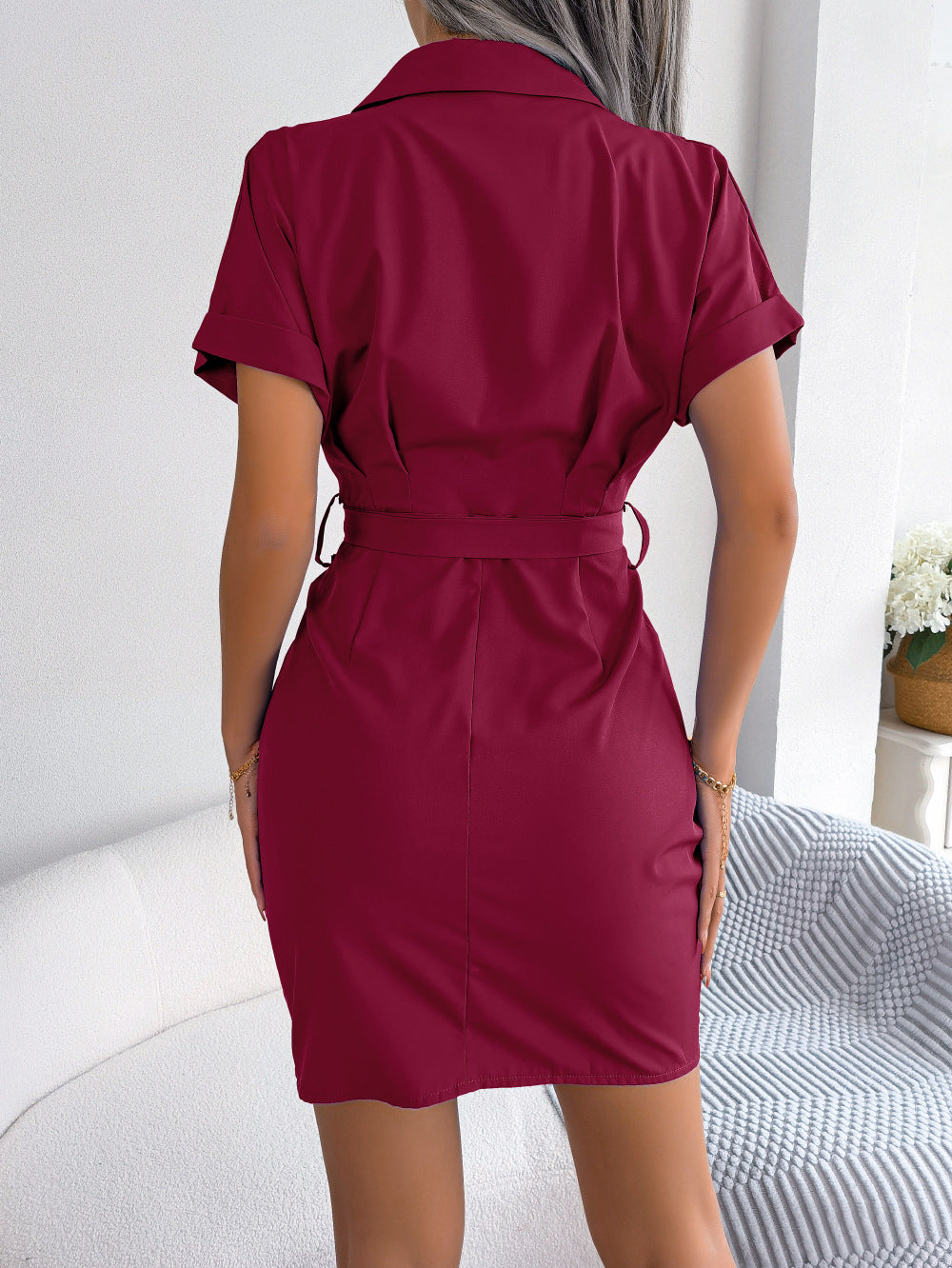 Button Down Ruched Tie Belt Dress (2)