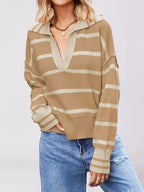 Striped Johnny Collar Dropped Shoulder Sweater (10)