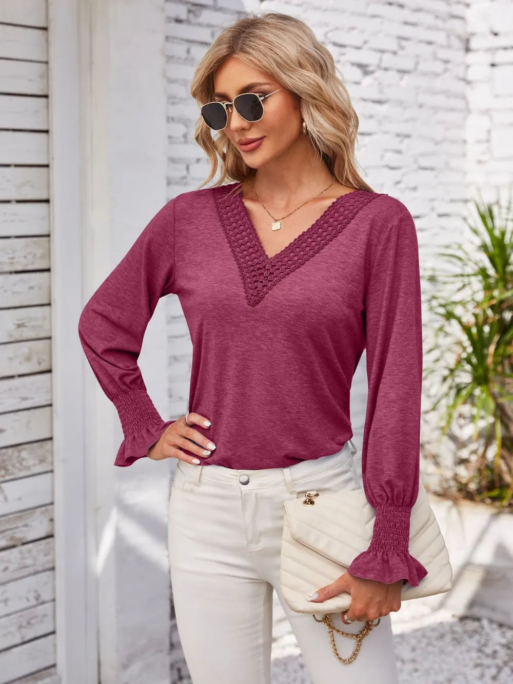 Smocked V-neck Long Sleeve Blouse (23)