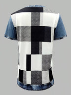 Denim Patchwork Short Sleeve Blouse (4)