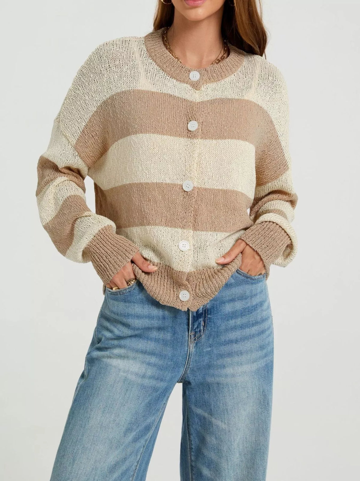 Casual Striped Button-down Knit Cardigan (4)