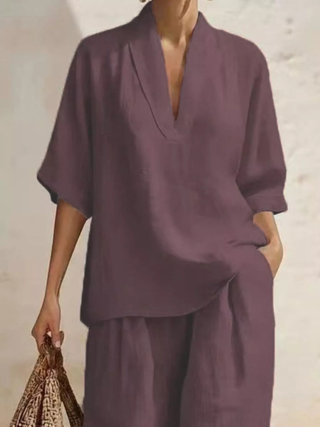 Full Size Half Sleeve Top Wide Leg Pants Set Plus (5)