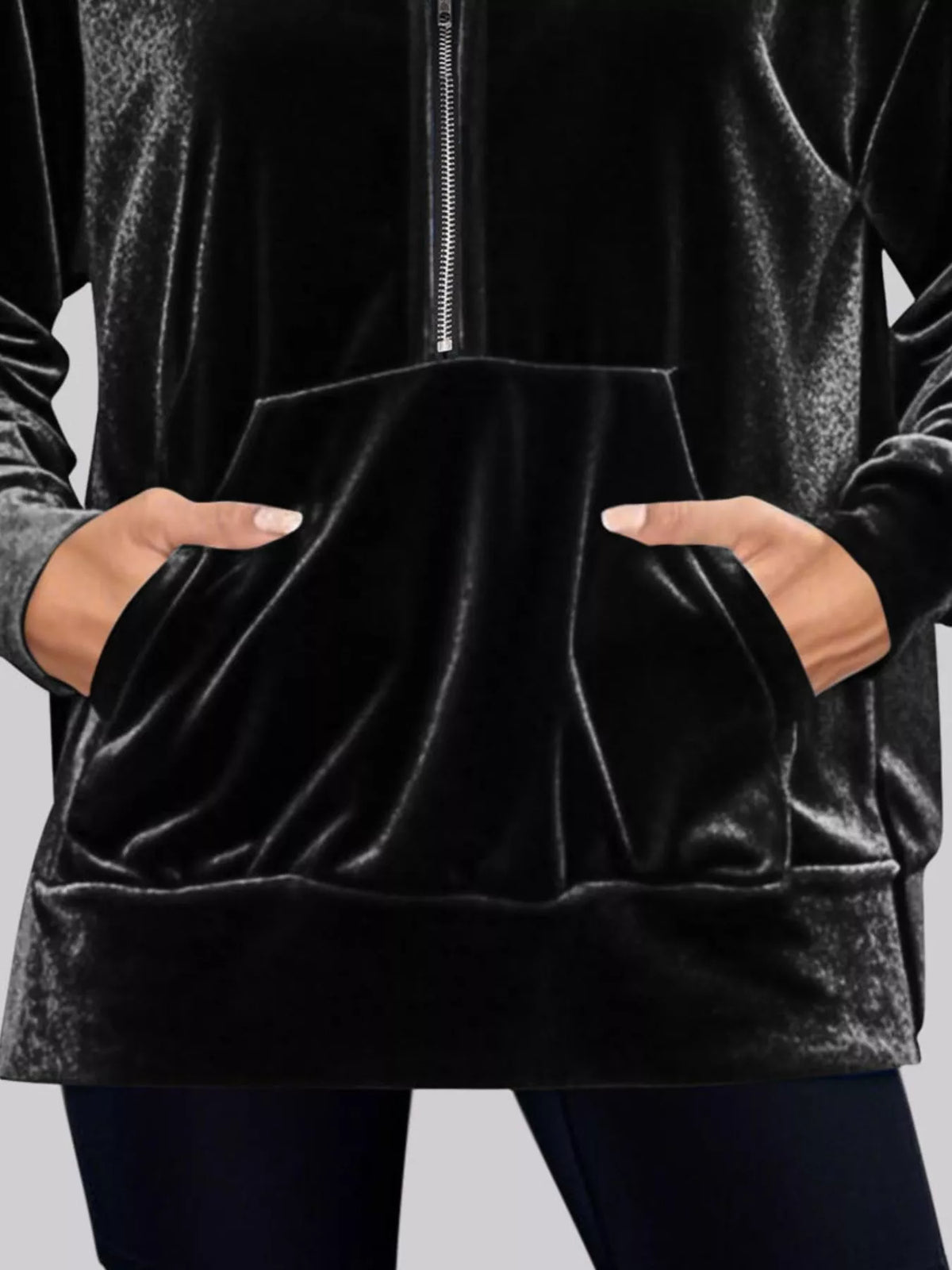 Full Size Velvet Half Zip Hoodie Kangaroo Pocket Plus (15)