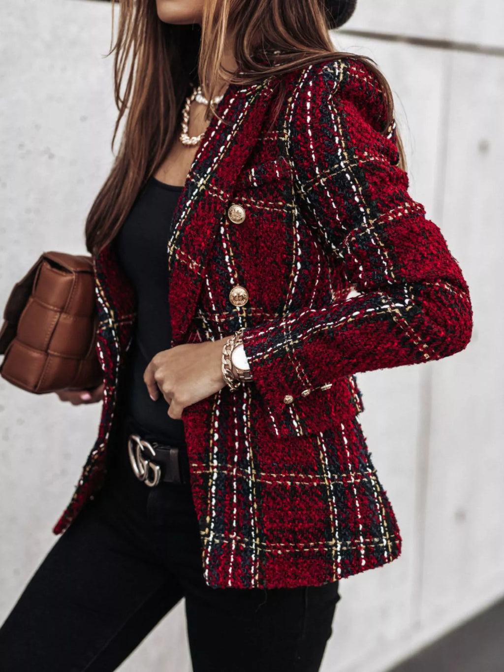 Full Size Plaid Tweed Double-breasted Blazer Plus (2)