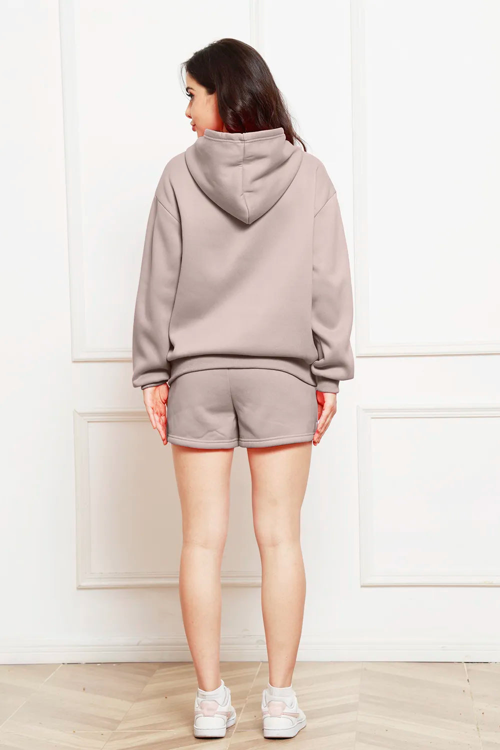 Drop Shoulder Long Sleeve Hoodie Shorts Set (12)