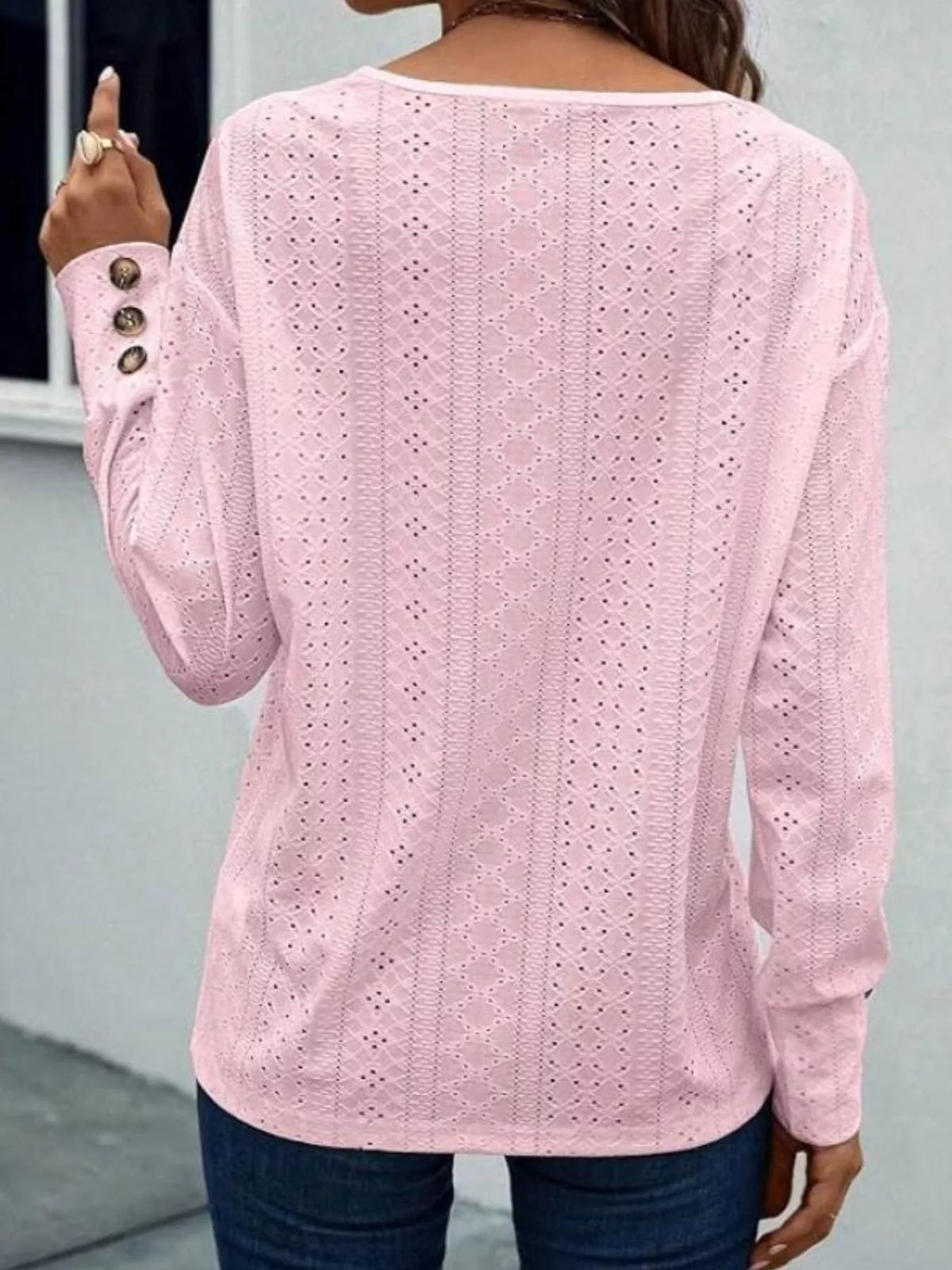 Eyelet V-neck Long Sleeve T-shirt (8)