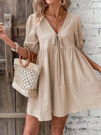 V-neck Tie-front Mini Dress Puff Sleeves (3)