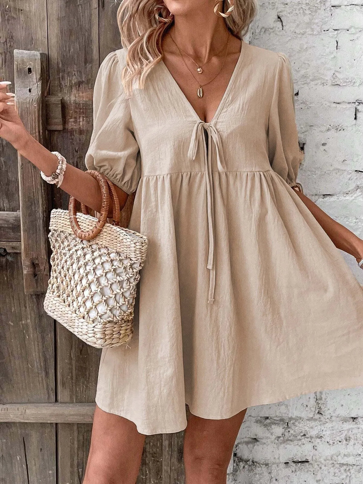 V-neck Tie-front Mini Dress Puff Sleeves (3)