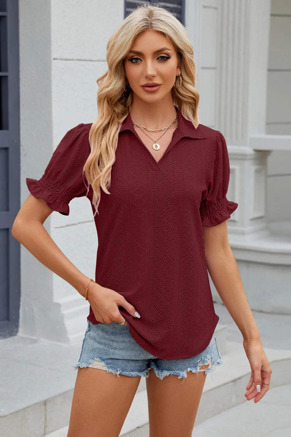 Eyelet Johnny Collar Short Sleeve Blouse (22)