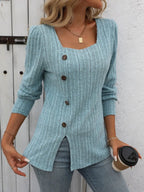 Decorative Button Striped Square Neck Long Sleeve T-shirt (4)