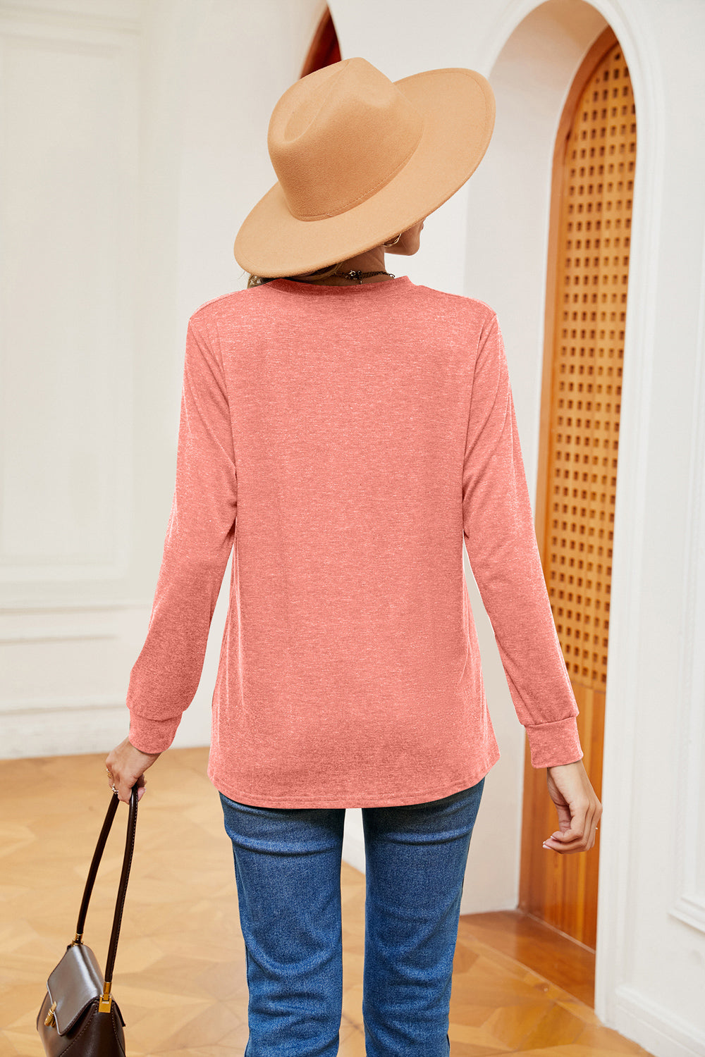 Buttoned Notched Neck Long Sleeve Top (12)