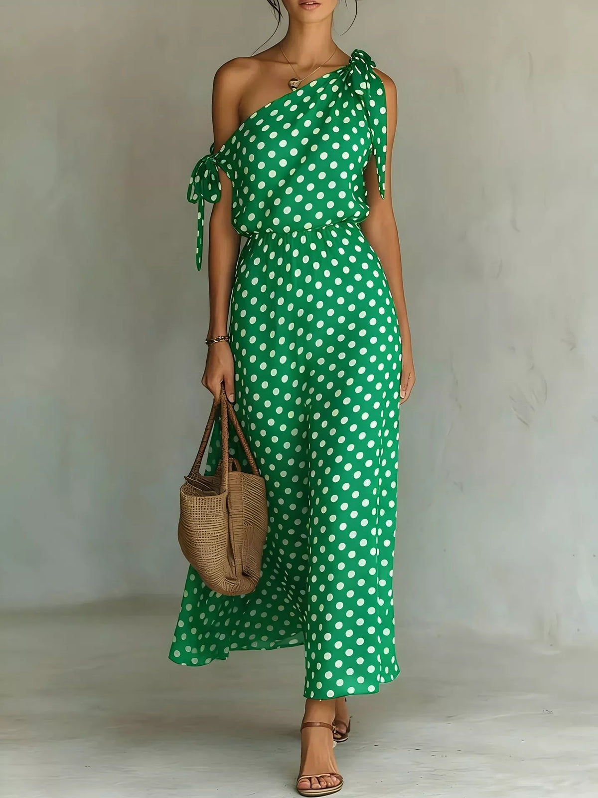 Full Size Polka Dot One-shoulder Maxi Dress Tie Details Plus (5)