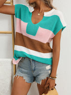 Striped Notched Short Sleeve Sweater (6)