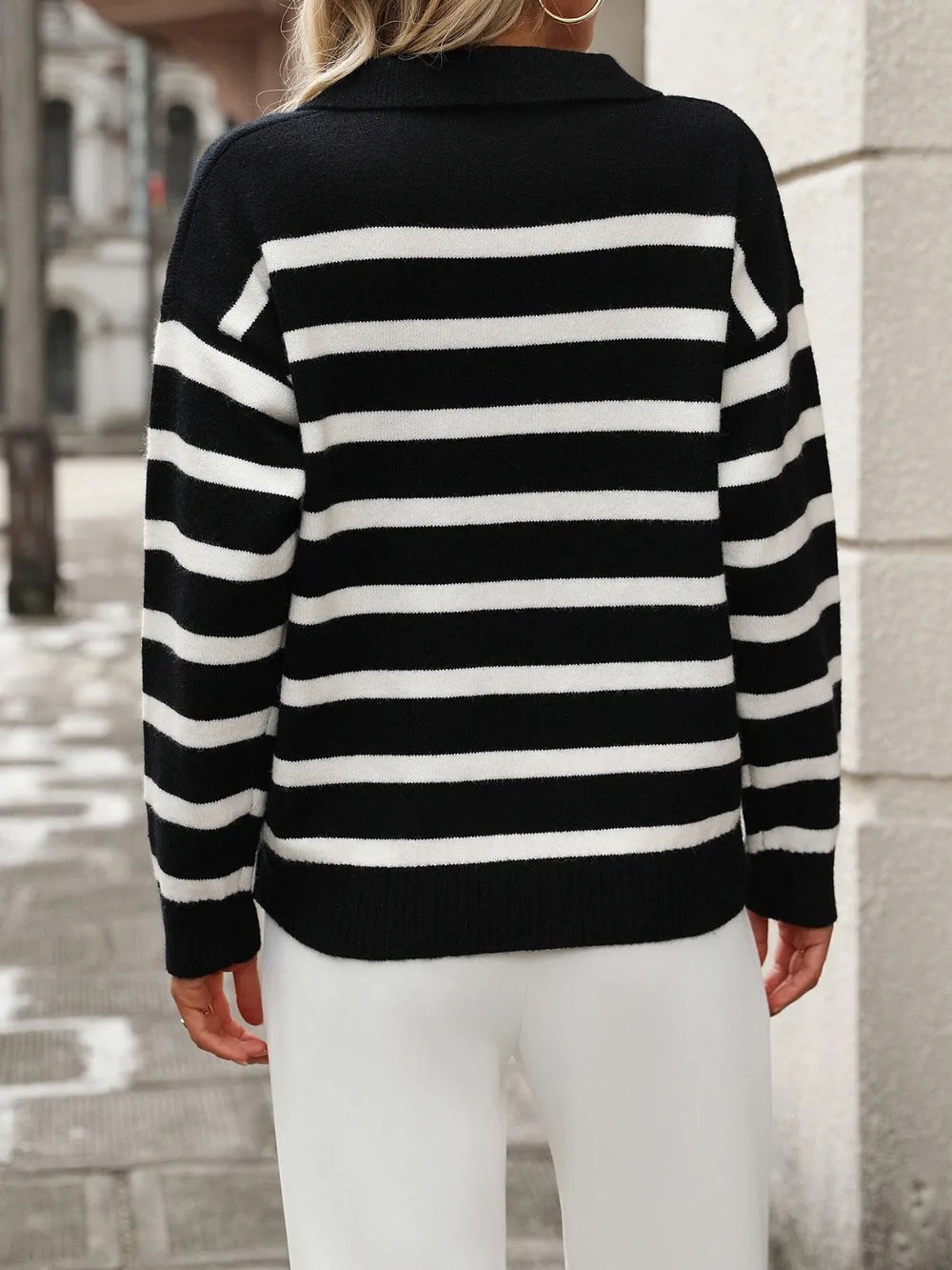 Striped Johnny Collar Long Sleeve Sweater (9)
