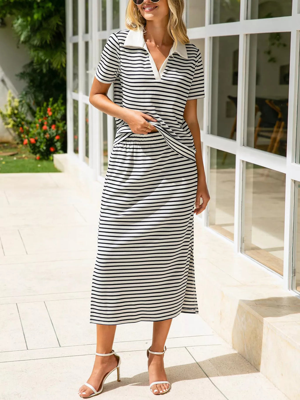 Striped Polo Collar Top Slit Skirt Two-piece Set (11)