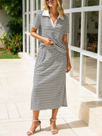 Striped Polo Collar Top Slit Skirt Two-piece Set (11)